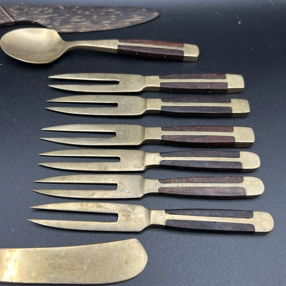 VTG Brass & Wood Demitasse Forks Knives & Spoon -‎ Lot of 10 - Thailand - Unique